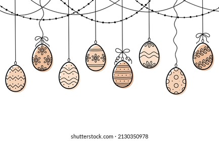 Garland with easter eggs with ornament. Elements for decorating for the Easter. Vector illustration in colored doodle line style.