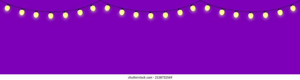 Garland of electric light bulbs, twinkle lights, yellow lamps. Purple background. Vector design.