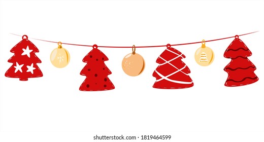 Garland of fabric balls and Christmas trees