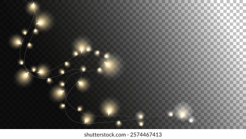 Garland of Festive lights. Festive bright lights of bulbs. Garland light isolated on transparent background for banner. For New Year Christmas and holiday design. Vector illustration