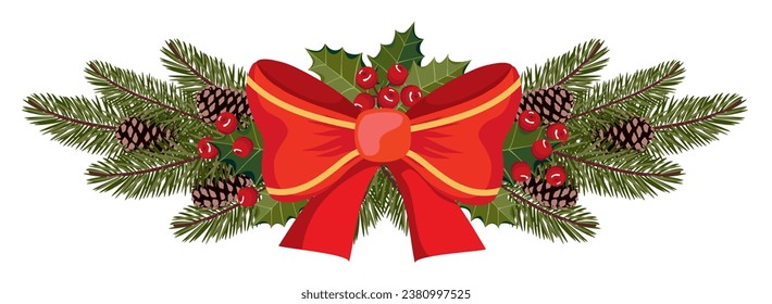 Garland of fir branches, cones, holly. Christmas decor made of pine branches, holly, cones and a tied red bow. Illustrated vector clipart.