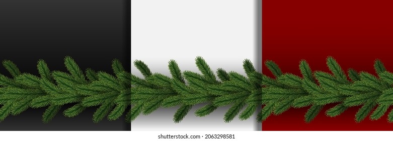 Garland from fir branches seamless borders set. Repeat patterns for natural greeting cards, banners, website, covers and posters with text place.