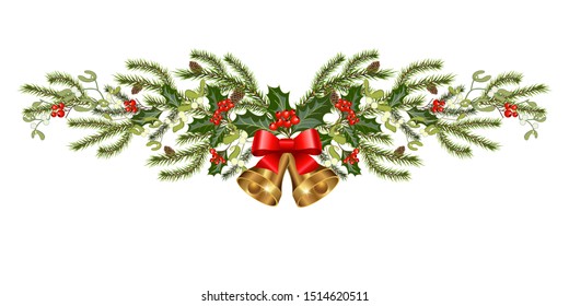 Garland with fir tree branches and golden bells, isolated on white background. Design element for Christmas decoration. Vector illustration.