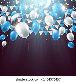 Garland flag with balloons and confetti. Celebration background for party, carnival, birthday or presentation. Vector illustration.