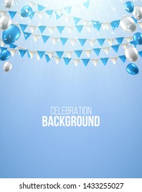 Garland flag with balloons and falling confetti. Celebration background for party, carnival, birthday or presentation. Vector illustration.