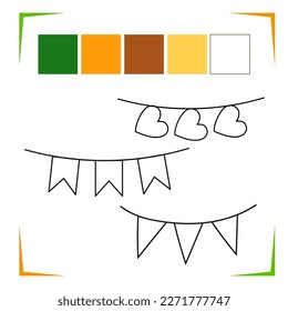 Garland con la bandera Coloring Page. Hoja de cálculo de Vector Educational coloreada por muestra. Juego de pintura. Elementos para colorear libros, páginas, impresiones, ilustraciones de diseño en forma de esquema para niños