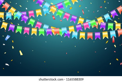 Garland flag and confetti in party and enjoyment concept. Celebration background template. Vector illustration.