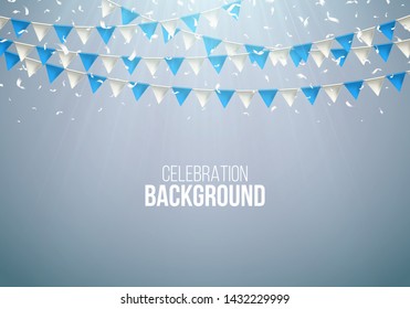 Garland flag with falling confetti. Celebration background for party, carnival, birthday or presentation. Vector illustration.