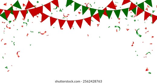 Garland flag green and red vector illustration. Triangle pennants chain decoration celebration party, anniversary