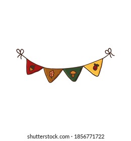 Garland of flags with acorns, mushrooms, berries, leaves. Сoncept cozy home, holiday, autumn. Hand drawn vector illustration in doodle style outline drawing isolated on white background.