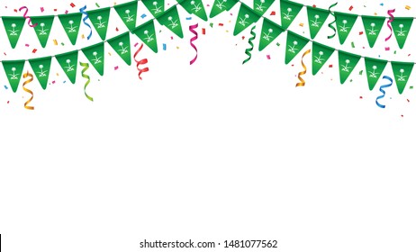 Garland flags background template, Hanging bunting flags of Saudi Arabia, National day celebration banner, Vector illustration