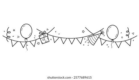 Garland with Flags, balloons and gifts. Decorations for Birthday. Outline frame for invitation card, celebration and holidays.