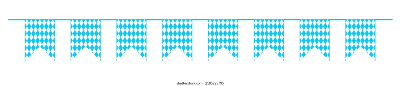 Garland con banderas en colores bávaros. Bunting para el tradicional festival alemán de cerveza Oktoberfest con un patrón de rhombus azul y blanco. Decoración para banner, tarjeta de invitación, afiche. Vector plano