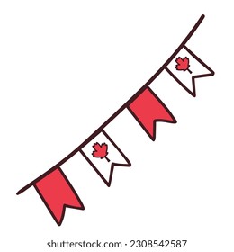 Garland with flags for Canada Day. First of July. The symbolism is red and white. Doodle style. Maple leaf as a symbol. Postcard, banner or poster. Vector