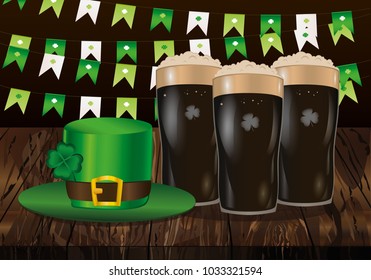 Garland of flags with clover. A glass of dark beer. Green hat and three-leaf. Invitation to the St. Patrick's Day. Greeting card.  Vector illustration on wooden background.