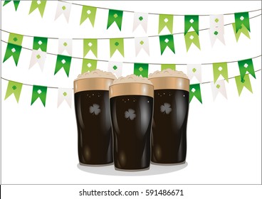 Garland of flags with clover. A glass of dark beer. Invitation to the St. Patrick's Day. Greeting card. Free space for your ad or text. Vector illustration on white  background.