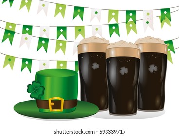 Garland of flags with clover. A glass of dark beer. Green hat and three-leaf. Invitation to the St. Patrick's Day. Greeting card.  Vector illustration on white background.