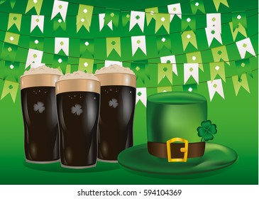 Garland of flags with clover. A glass of dark beer. Green hat and three-leaf. Invitation to the St. Patrick's Day. Greeting card.  Vector illustration on green background.