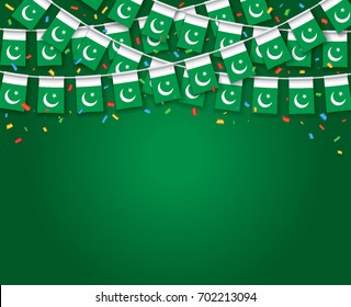 Garland Flags with Dark green Background Banner, Hanging Bunting Flags for Pakistan independence day celebration. Vector illustration