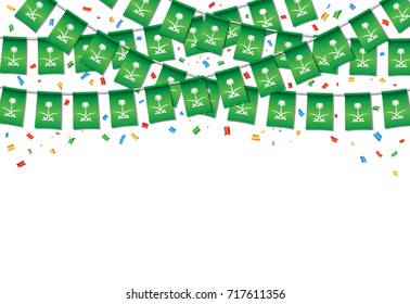 Garland Flags with Dark green Background template, Hanging Bunting Flags for Saudi Arabia National day celebration Banner, Vector illustration