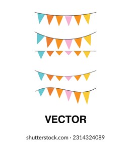 Garland with flags. Decorative colorful party pennants for birthday celebration, Colorful party flags festival and fair decoration on white background.