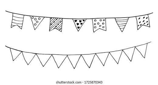 Garland Of Flags. Doodle Freehand Illustration. Vector. Holiday Decoration. Contour Black And White