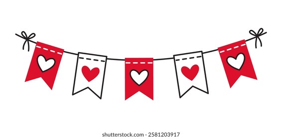 Garland of flags doodle style Hand drawn trendy flat style love isolated icon Romantic symbol of love for web graphic design poster tattoo Valentines Day Greeting card line art Vector illustration