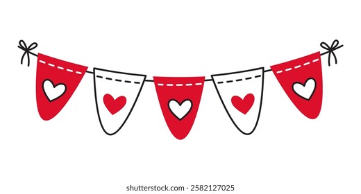 Garland of flags doodle style Hand drawn trendy flat style love isolated icon Romantic symbol of love for web graphic design poster tattoo Valentines Day Greeting card line art Vector illustration