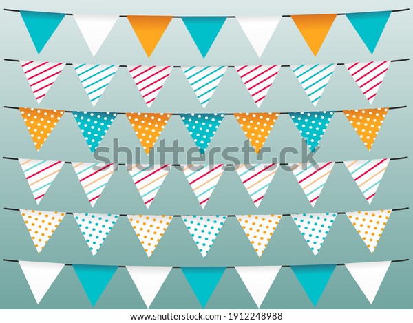 Garland of flags. Festive decoration, Birthday\
decoration with Bright tricolor design, paper triangles on a rope.\
Vector image\

