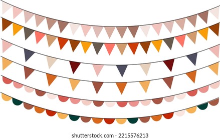 Garland con banderas. Decoración festiva o interior de estilo escandinavo o boho. Decoraciones para cumpleaños, carnaval, fiesta, festival. Conjunto de elementos triangulares, minimalistas y coloridos. Vector.