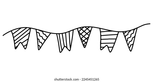 Garland of flags in hand drawn doodle style illustration. Vector. Holiday decoration. Contour black and white.