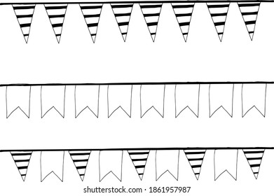 Garland mit Fahnen, die für Design-Banner, Rahmen, Rahmen, Aufkleber angebracht sind. Skizze handgezeichnet Doodle. Vektorskandinavischer Monochrom-Minimalismus. Festliche Dekoration im neuen Jahr Geburtstag.