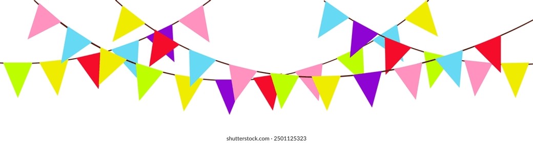 Guirnalda con banderas. Días festivos de diseño y decoración. Cumpleaños, carnaval, fiesta, festival. Banderines triangulares. Elementos coloridos decorativos. Ilustración vectorial.	