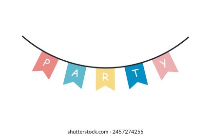 Garland with flags and the inscription party. Flat cartoon vector illustration isolated on white background. Birthday, party decoration.