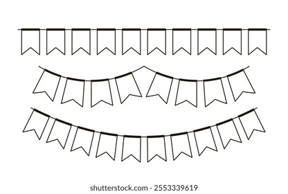 Garland with flags line set. Decorative bunting background for party, holiday carnival, birthday celebration, festival decoration. Hanging flags. Vector illustration