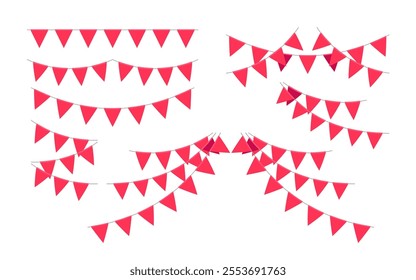 Garland with flags line set. Decorative bunting background for party, holiday carnival, birthday celebration, festival decoration. Hanging flags. Vector illustration