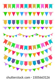 Garland with flags. Rainbow garlands, hanging colored pennants. Birthday party decoration for fest invitation poster vector string vintage bunting colorful festive set