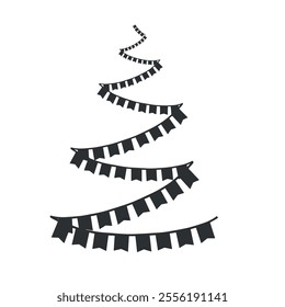 Garland of flags in the shape of a Christmas tree. Vector graphic illustration. Holiday composition for New Year decorations. Winter holiday background. Template for card, wallpaper, packaging, fabric