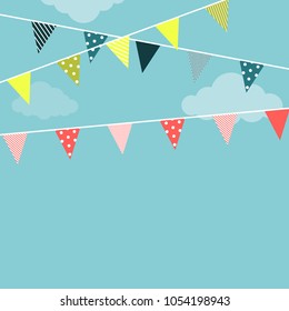 Garland flags Vector illustration Bright garlands with triangular flags with different patterns are hanging against a blue sky background Illustration in flat style