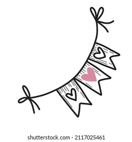 Garland of flags in vector on an isolated white background. Doodle style garland with heart for valentine's day.
