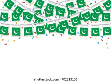 Garland Flags with white Background Banner, Hanging Bunting Flags for Pakistan independence day celebration. Vector illustration