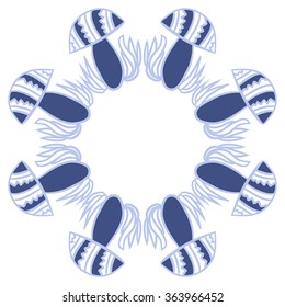 Garland of floral circular pattern, doodles,  mushrooms, zigzag,spots, hole. Hand drawn.