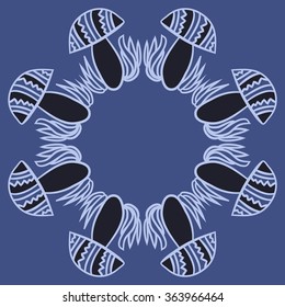 Garland of floral circular pattern, doodles,  mushrooms, zigzag,spots, hole. Hand drawn.