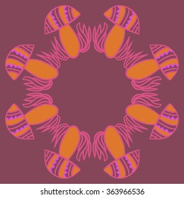 Garland of floral circular pattern, doodles,  mushrooms, zigzag,spots, hole. Hand drawn.