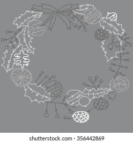 Garland with floral motifs, branches, balls, leaves, bow, Christmas  pattern. Hand drawn.