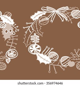 Garland with floral motifs, branches, balls, leaves, bow, Christmas  seamless pattern. Hand drawn.