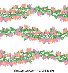 Garland flower seamless pattern background and borders. Hand drawn purple and pink heather flowers background. Romantic wedding floral vector design frame. Banner stripe element. Christmas garland.