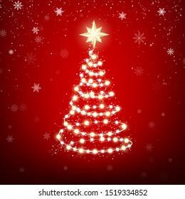Garland in form of Christmas tree with star on red background. Xmas glowing garland. Holiday decorative design elements. Garlands decorations. Vector 