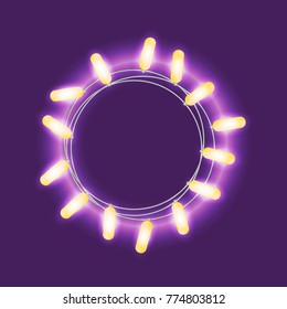 Garland in form of circle with glowing lights. Isolated realistic vector design element for Holiday cards, Christmas, New Year, birthday, wedding  banners, posters, web design. Mock up or template.