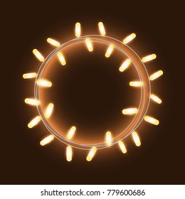 Garland in form of circle with glowing lights or lamps. Isolated vector design element for Holiday cards, valentine's day, Christmas, New Year, birthday, party, wedding or banners. Template or mock up